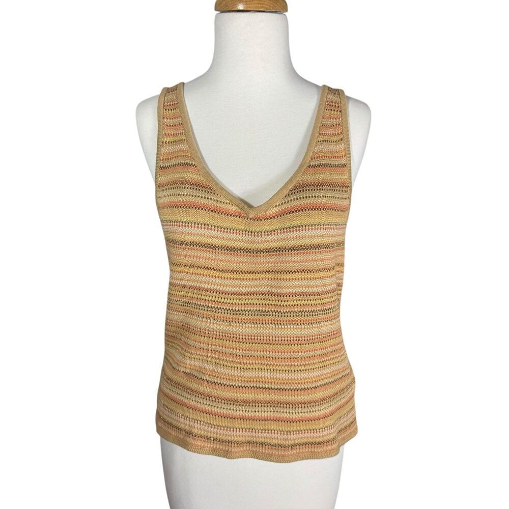 Kasper Fall Colors Striped Knit Sleeveless Sweater Tank Top Gold Accent Sz M